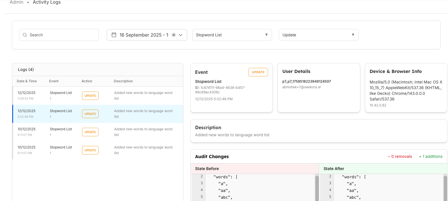 Filtered Activity Logs Results